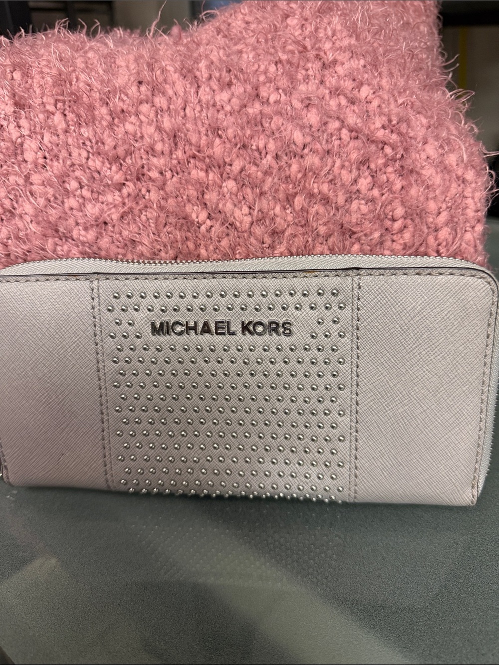 MICHAEL KORS Light Gray Studded Zip-Around Wallet